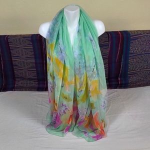 Floral Scarf Green Pink Orange Blue Tiger Lilies Very Sheer Polyester